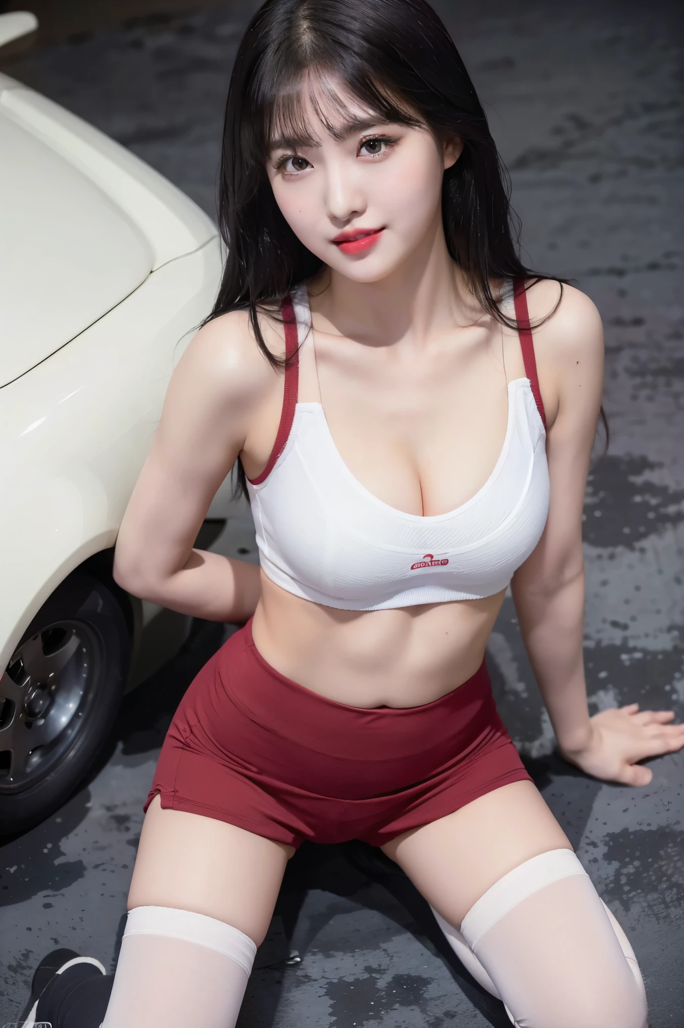 (8k), (highest quality: 1.2), (Realistic), (Realistic: 1.37), Ultra-high resolution, (1 girl, cute, smile, Mouth closed, Thick lips,Red lips,Red cheeks,Beautiful details, Beautiful Nose, (Straight black hair), Smooth Hair,Giant Dulcefo, Self Snap,(White sports bra),(Black yoga shorts:1),(Natural knee-high socks),Strike a sexy pose at the motor show,(Are standing:1.1),Wet thighs close up,(Medium Shot:1.2),Cleavage,From above