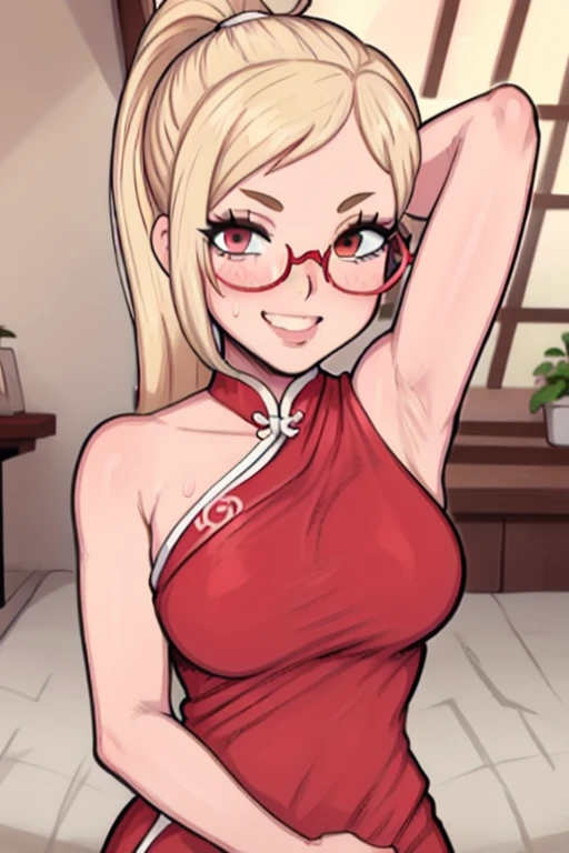 masterpiece, best quality, looking at viewer, upper body, portrait, looking at viewer, seductive smile, put your hands behind your head, armpits, armpits visible, sweaty armpits, Kaede Akiyama, very large breasts, long blonde hair, wearing red chinese dress, wearing glasses, ponytail