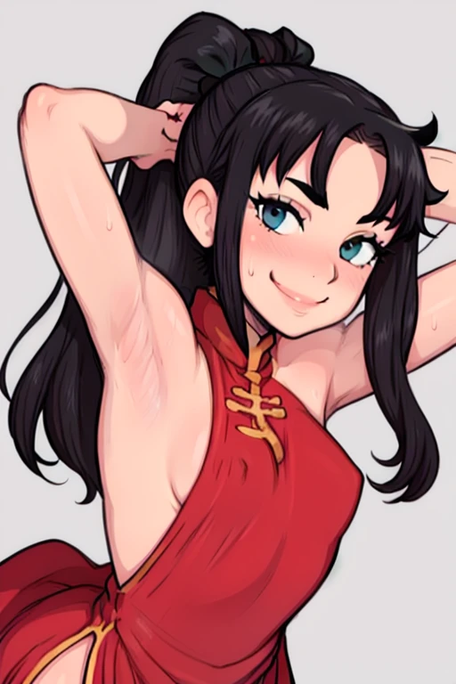 masterpiece, best quality, looking at viewer, upper body, portrait, looking at viewer, seductive smile, put your hands behind your head, armpits, armpits visible, sweaty armpits, tohsaka rin, very small breasts, long black hair, wearing red chinese dress, ponytail