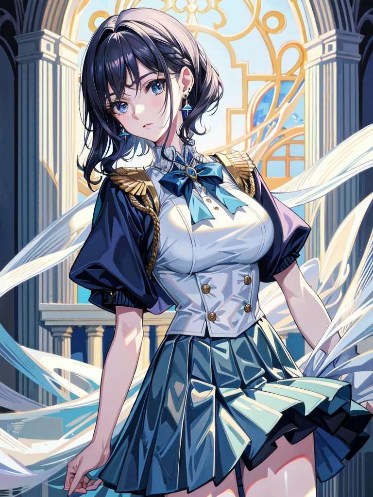 absurdres, RAW photo, extremely delicate and beautiful, masterpiece, Best Quality, ultra high resolution, 32k, hyperrealistic, ultra-detailed, detailed description, pale skin, 20 years old, tearful mole, earring, Colossal tits, short medium hair, wavy hair, blue uniform, blue pleated skirt, military uniform,