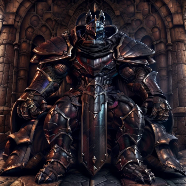 (masterpiece, best quality, detailed:1.2) (Pokémon) LUCARIO, detailed full body, a knight's mechanical armor, glowing wide and heavy armor, wears full body armor. massive muscles, huge pecs, chiseled abs, huge pectorals, exaggeratedly huge muscles. wearing a cloak. unusually developed muscular body big muscle, pecs, triceps, traps, waist narrow, unusually developed muscular body, Dark knight, BlackKnight_fe, The claws are sharp, Sharp teeth, He wears a black cloak on his back. sitting on the throne,