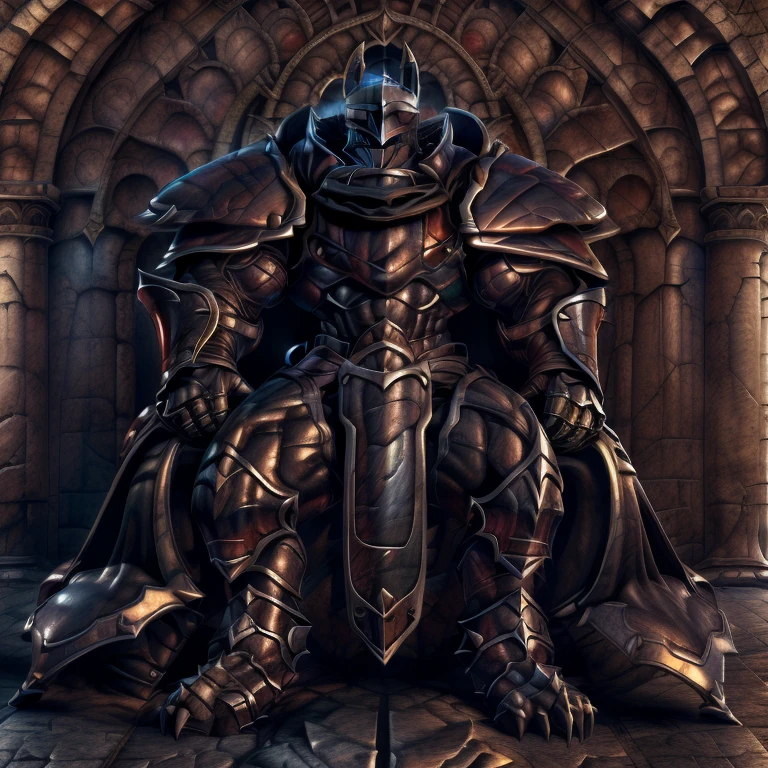 (masterpiece, best quality, detailed:1.2) (Pokémon) LUCARIO, detailed full body, a knight's mechanical armor, glowing wide and heavy armor, wears full body armor. massive muscles, huge pecs, chiseled abs, huge pectorals, exaggeratedly huge muscles. wearing a cloak. unusually developed muscular body big muscle, pecs, triceps, traps, waist narrow, unusually developed muscular body, Dark knight, BlackKnight_fe, The claws are sharp, Sharp teeth, He wears a black cloak on his back. sitting on the throne,
