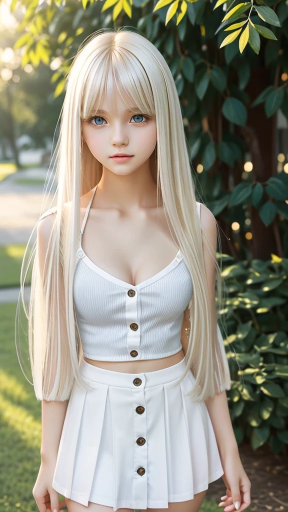 plein air、Swaying bangs、student clothes、a miniskirt、Glossy white beautiful skin、Sexy and very beautiful good looks、Beautiful and cute face、Super long platinum blonde hair、Shiny straight hair and treated smooth hair、Big blue eyes with radiant transparency、Beautiful ultimate cute beautiful girl、Small cleavage、Button unbuttoned、