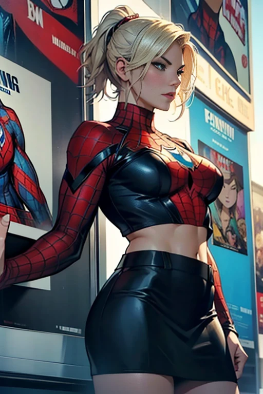 Elisha Cuthbert、Marvel Comics Movie Poster, Very beautiful, Movies about Spiderman, sexy, whole body, I'm wearing a skirt、Premiere date, Poster、belly buttonを突き出す、new york、She's wearing a torn Spider-Man suit,The suit is torn、Wearing a skirt、 Red and black color scheme,dynamic、masterpiece、highest quality、Ultra-detailed、Very detailed、A delicate and beautiful shine、超A high resolution、Cinematic,Break,Breakdrop,(Torn clothes:1.5), (Wet clothes:1.4), Bare shoulders,Real Rain,Wet Hair,belly button、Exposing Skin、Showing off her sexy shoulders