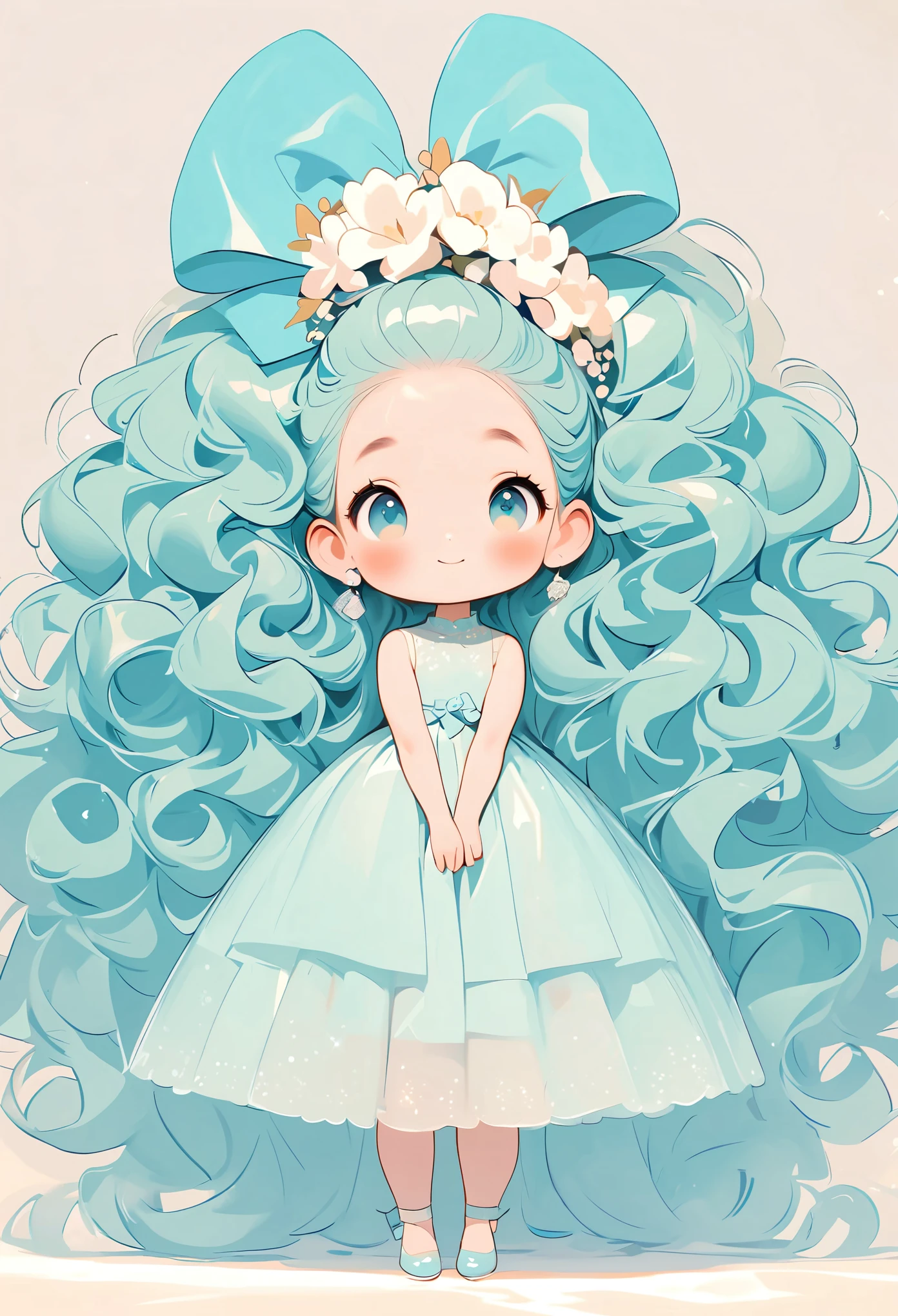 High quality design vector style image, cute trumpet。huge long hair。curls。Large turquoise colored eyes。 Full Body Love：1.2，vector image.