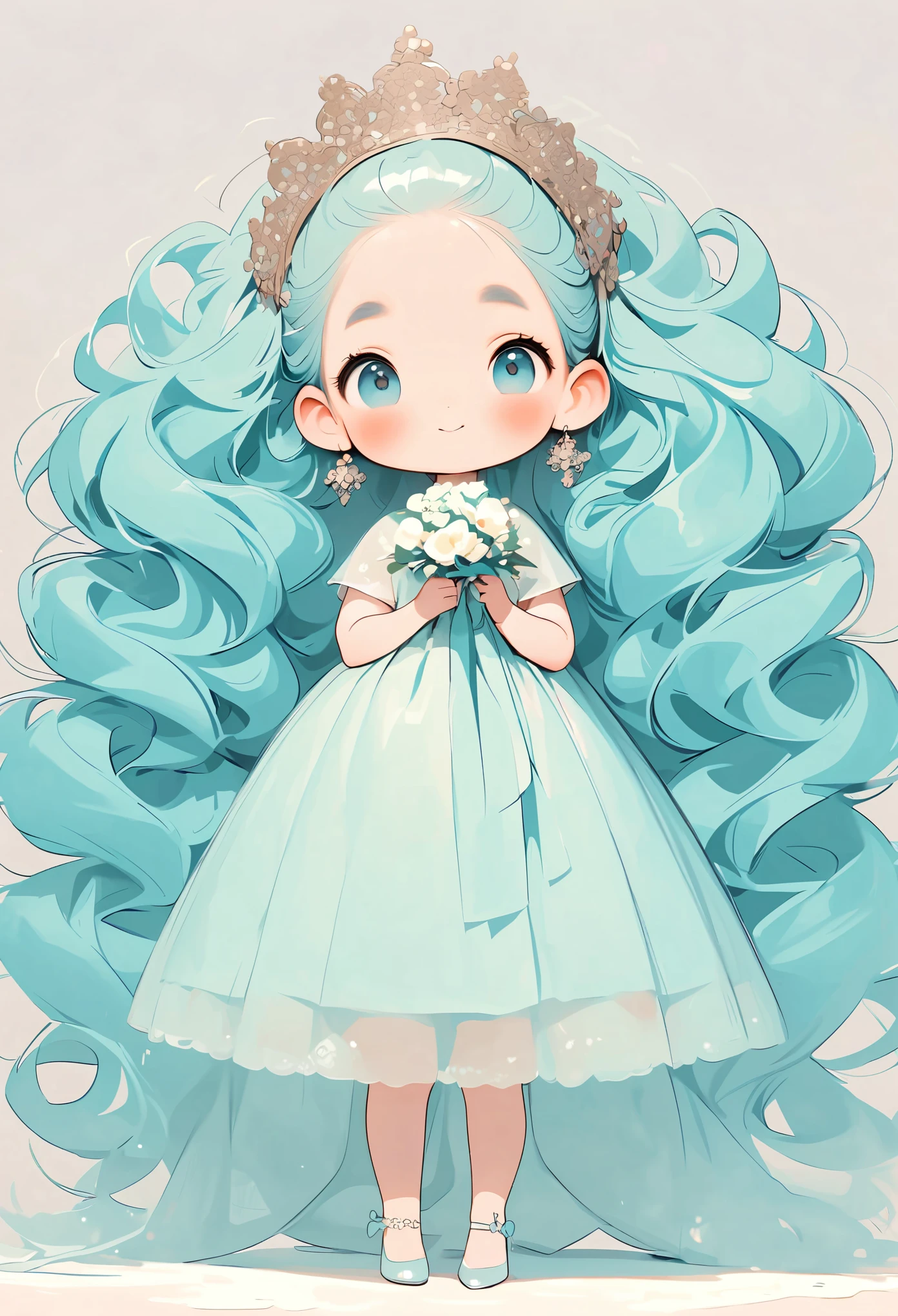 High quality design vector style image, cute trumpet。huge long hair。curls。Large turquoise colored eyes。 Full Body Love：1.2，vector image.