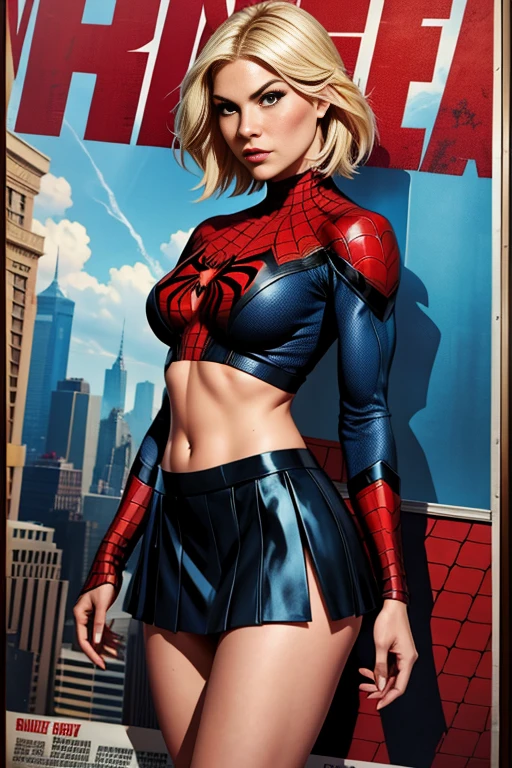 Elisha Cuthbert、Marvel Comics Movie Poster, Very beautiful, Movies about Spiderman, sexy, whole body, I'm wearing a skirt、Premiere date, Poster、belly buttonを突き出す、new york、She&#39;s wearing a torn Spider-Man suit,The suit is torn、Wearing a skirt、 Red and black color scheme,dynamic、masterpiece、highest quality、Ultra-detailed、Very detailed、A delicate and beautiful shine、超A high resolution、Cinematic,Break,Breakdrop,(Torn clothes:1.5), (Wet clothes:1.4), Bare shoulders,Real Rain,Wet Hair,belly button、Exposing Skin、Showing off her sexy shoulders