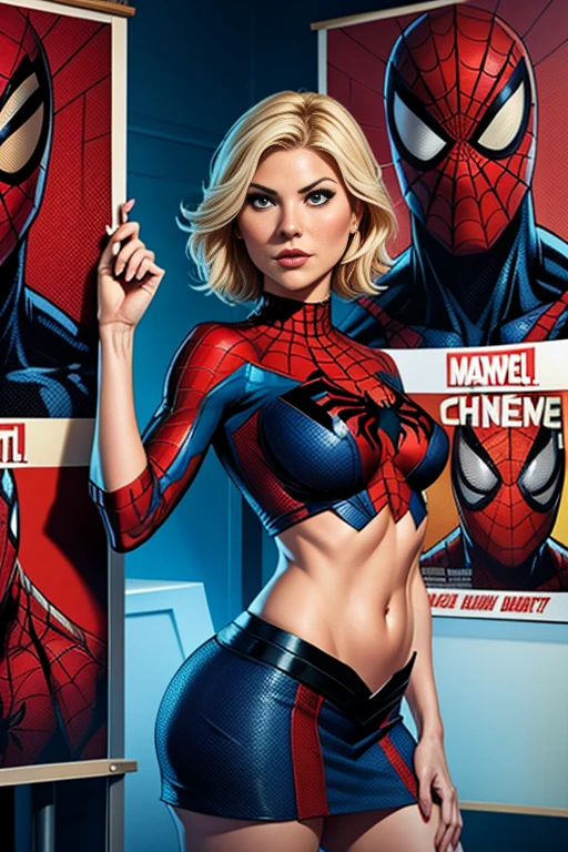 Elisha Cuthbert、Marvel Comics Movie Poster, Very beautiful, Movies about Spiderman, sexy, whole body, I'm wearing a skirt、Premiere date, Poster、belly buttonを突き出す、new york、She&#39;s wearing a torn Spider-Man suit,The suit is torn、Wearing a skirt、 Red and black color scheme,dynamic、masterpiece、highest quality、Ultra-detailed、Very detailed、A delicate and beautiful shine、超A high resolution、Cinematic,Break,Breakdrop,(Torn clothes:1.5), (Wet clothes:1.4), Bare shoulders,Real Rain,Wet Hair,belly button、Exposing Skin、Showing off her sexy shoulders