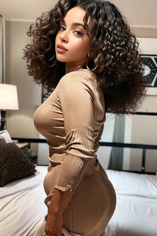 (high quality,realistic,cinematic),illustration,full body,beautifully detailed brown eyes,beautifully detailed lips,long curly afro hair,hourglass figure,confident expression,vibrant colors,soft natural lighting,modern and stylish interior,thick,curvaceous silhouette,fashionable outfit,standing confidently,tight short red dress.