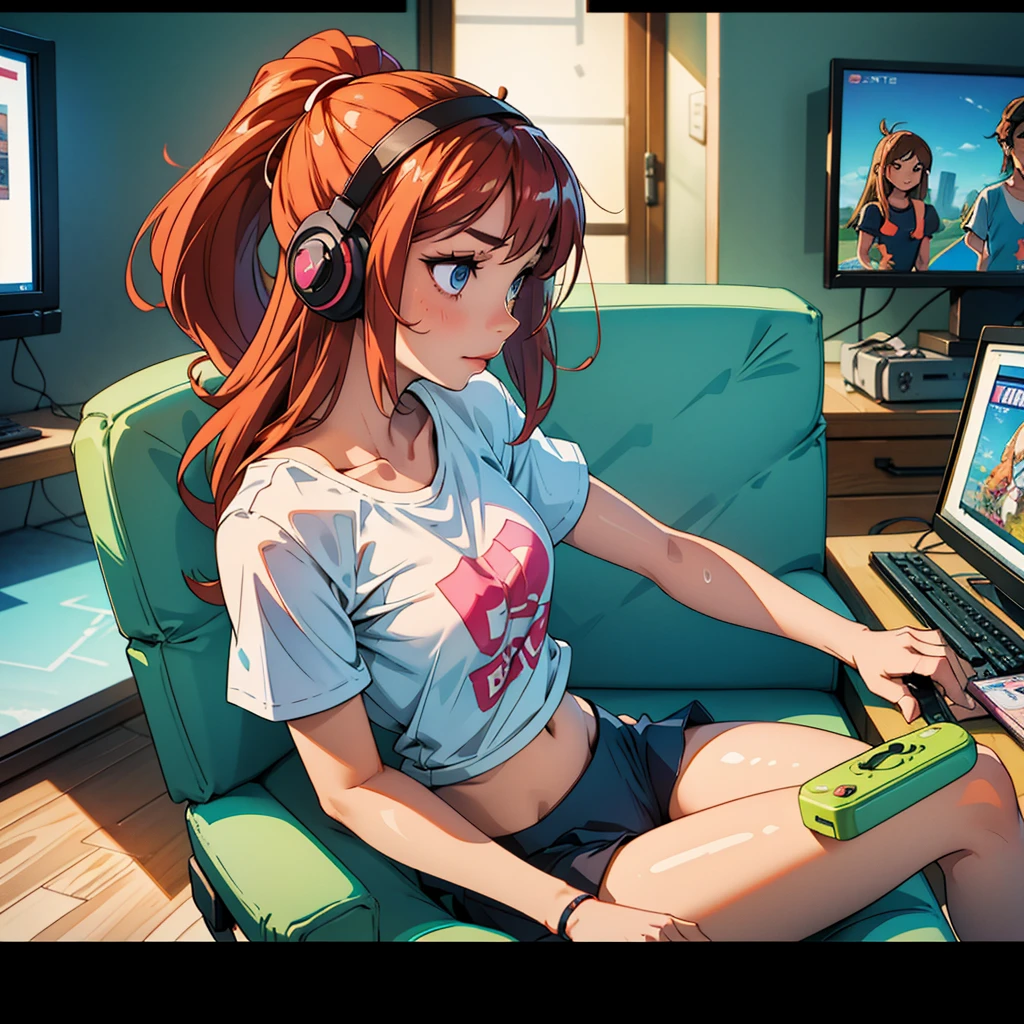 a girl in panties and a Short t-shirt sitting on a chair in front of a  playing PlayStation holding a controller and wearing a gaming headset on her head, thighs apart, wide hips, big chest, transparent, wet chest. side view.  