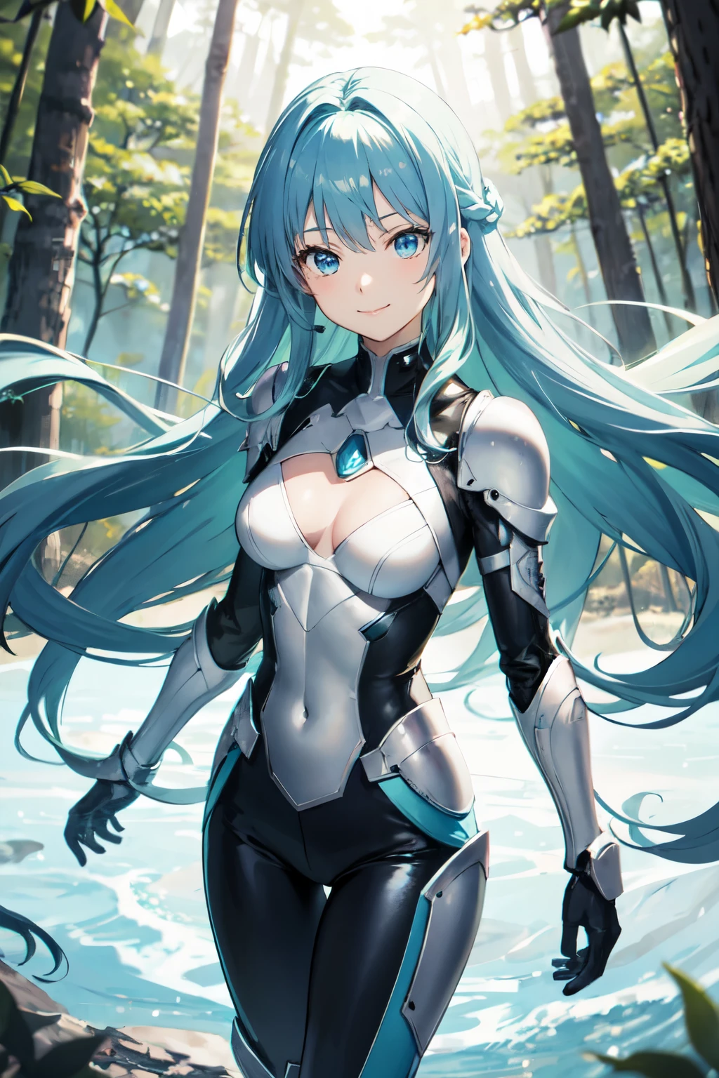 (1 anime girl) long hair color: light blue, eyes: bright blue, medium breasts, with light armor, light blue and white with yellow stripes, long black pants. {looking at the viewer with a slight smile, in the forest}