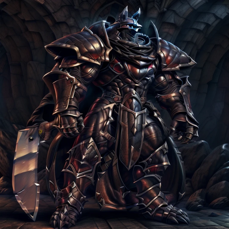 (masterpiece, best quality, detailed:1.2) (Pokémon) LUCARIO, detailed full body, a knight's mechanical armor, glowing wide and heavy armor, wears full body armor. massive muscles, huge pecs, chiseled abs, huge pectorals, exaggeratedly huge muscles. wearing a cloak. unusually developed muscular body big muscle, pecs, triceps, traps, waist narrow, unusually developed muscular body, Dark knight, BlackKnight_fe, The claws are sharp, Sharp teeth, He wears a black cloak on his back. Has a long sword,