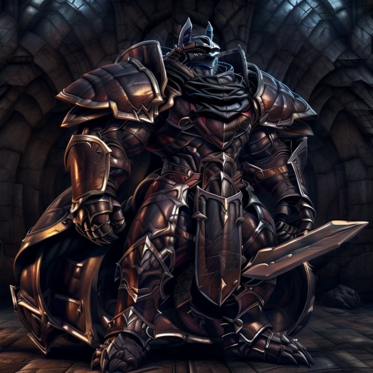 (masterpiece, best quality, detailed:1.2) (Pokémon) LUCARIO, detailed full body, a knight's mechanical armor, glowing wide and heavy armor, wears full body armor. massive muscles, huge pecs, chiseled abs, huge pectorals, exaggeratedly huge muscles. wearing a cloak. unusually developed muscular body big muscle, pecs, triceps, traps, waist narrow, unusually developed muscular body, Dark knight, BlackKnight_fe, The claws are sharp, Sharp teeth, He wears a black cloak on his back. Has a long sword,