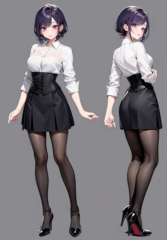 Purple hair,short hair,Adult female,(bartender),((Roll up your shirt sleeves)),(Rolling up the sleeves of his shirt),(corset),(skirt),(High heels),((Simple Background)),smile,((whole body)),((full body)),Character Sheet,
