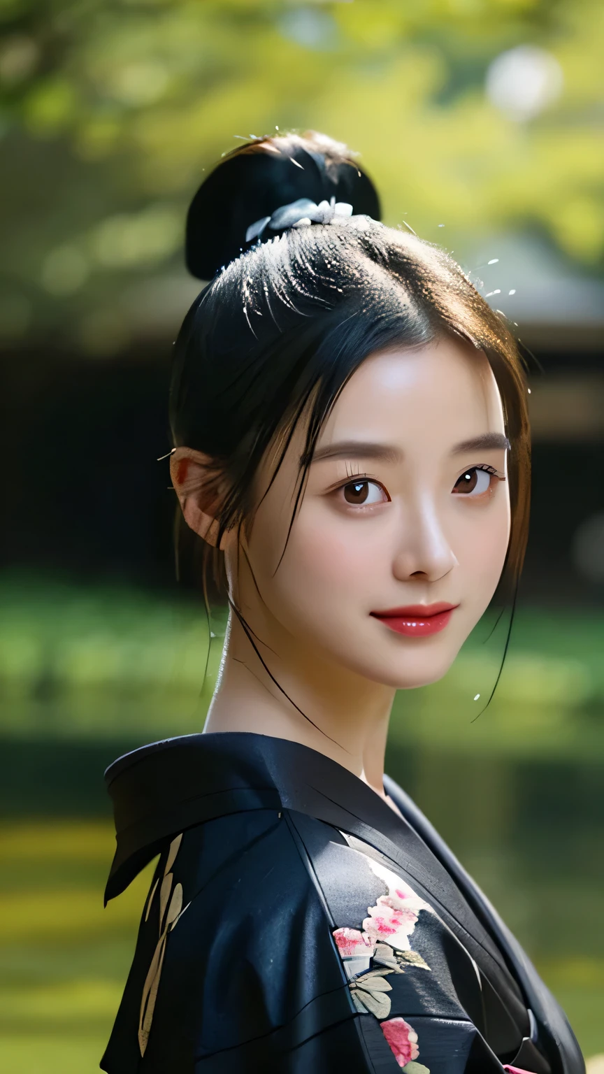 wear black solid kimono, long hair ponytail with bun, also there is bang in her hair cover her forehead. middle age era, blur background, cinematic, light bloom, soft light 1,8, [smile to the camera]. close up, at pond temple. middle age era