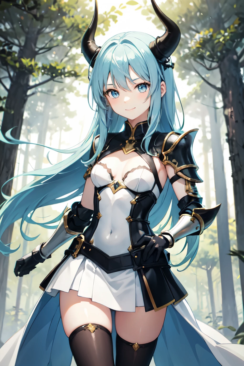 (1 anime girl) {************} not so long hair: light blue, eyes: shiny black, small breasts, with light armor, white with light blue stripes, light blue skirt and a small horn on the head. {looking at the viewer with a slight smile, in the forest}