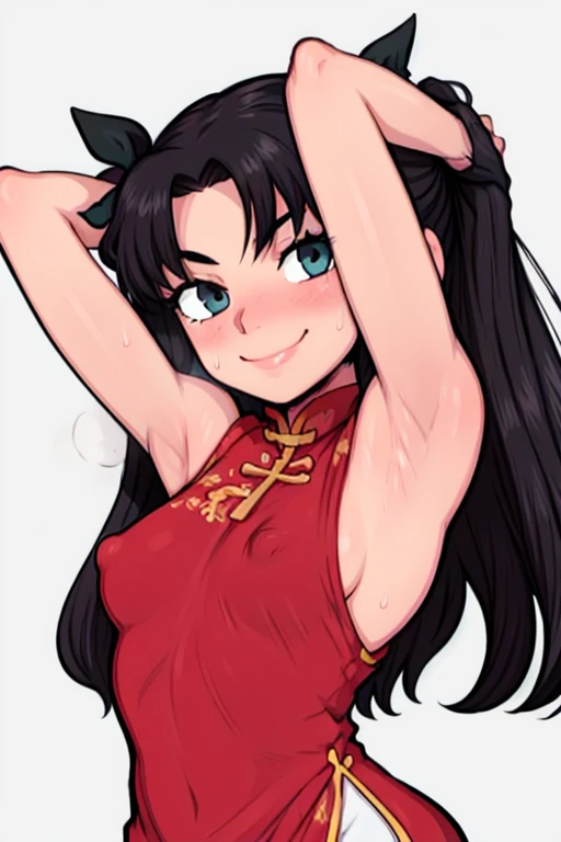 masterpiece, best quality, looking at viewer, upper body, portrait, looking at viewer, seductive smile, put your hands behind your head, armpits, armpits visible, sweaty armpits, tohsaka rin, very small breasts, long black hair, wearing red chinese dress,