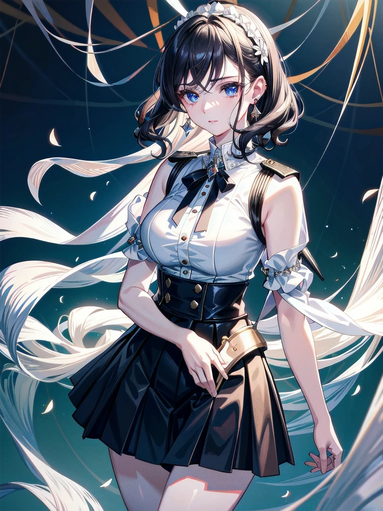 absurdres, RAW photo, extremely delicate and beautiful, masterpiece, Best Quality, ultra high resolution, 32k, hyperrealistic, ultra-detailed, detailed description, pale skin, 20 years old, detailed beautiful face and eyes, tearful mole, earring, Colossal tits, short medium hair, wavy hair, full body shot, alone, steampunk fashion, waistcoat, blouse, hat, boots, short skirt, bare shoulder,