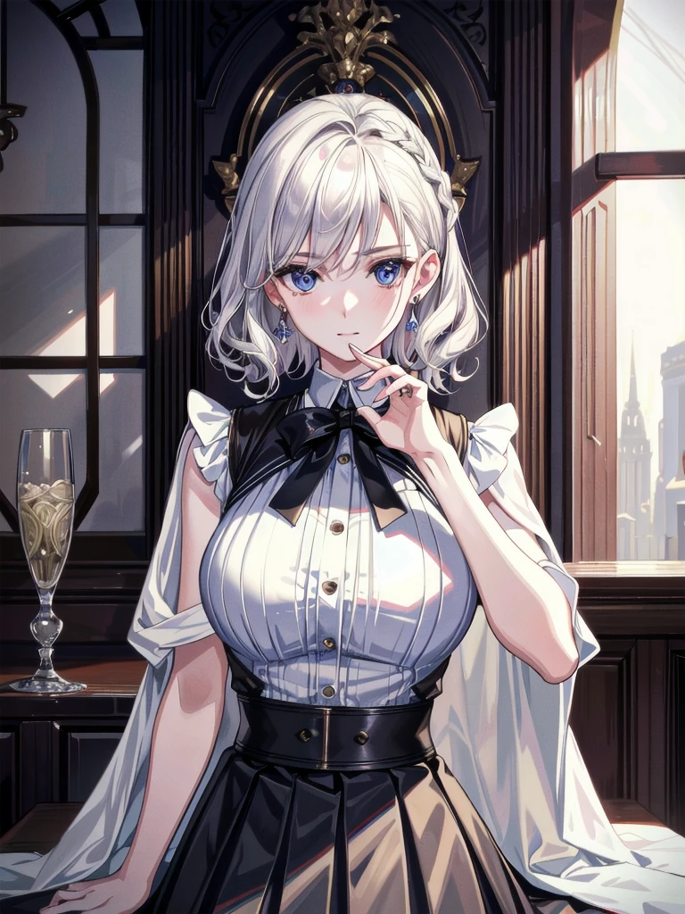 absurdres, RAW photo, extremely delicate and beautiful, masterpiece, Best Quality, ultra high resolution, 32k, hyperrealistic, ultra-detailed, detailed description, pale skin, 20 years old, tearful mole, earring, Colossal tits, short medium hair, wavy hair, pleated skirt, military uniform,