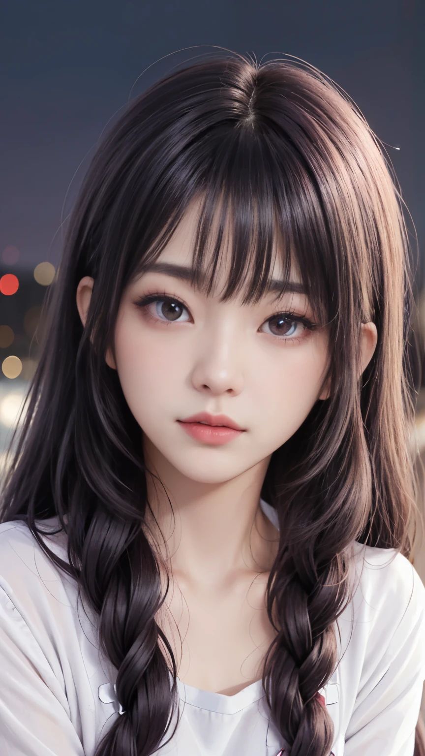background(Black Night Sky,Big Moon),Close-up of a woman,Wearing a white shirt、Purple Hair,Very long hair,very thick braids,Purple eyes,big , realistic girl rendering, 8k artistic german bokeh, Enchanting girl, Real Girl, Gurwitz, Gurwitz-style artwork, Girl Roleplay, Realistic 3D style, cgstation Popular Topics,, 8K Portrait Rendering,(truth,truth:1.4),Wear pink pajamas,巨big ,Sparkling eyes,Purple eyes