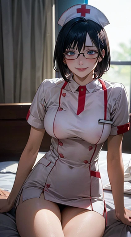 (masterpiece:1.2, top-quality), (realistic, photorealistic:1.4), beautiful illustration, NSFW, pov, front view:0.8, 1 lady, japanese, nurse,28years old,black hair, (very short hair:1.4,straight hair), hair between eye, blue eyes, big breasts:1.5, black-rimmed glasses, (thick thighs), beautiful hair, beautiful face, beautiful detailed eyes, beautiful clavicle, beautiful body, beautiful chest, beautiful thigh, beautiful legs, beautiful fingers, (beautiful scenery), ambient light,patient room in the hospital, ((white nurse wear,classico,tight miniskirt,nurse cap),sitting on patient bed,holding a binder, (swollen), ((seductive posture: 1.2, sexial attractive: 1.2)), (idle), (erotic,sexy, upper eyes, erotic smile: 1.2), shiny skin, perfect face, cute and symmetrical face, natural side lighting, movie lighting),
