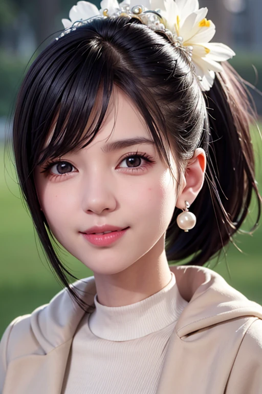 (RAW Photo, Best Quality), (Realistic, Photo Realistic: 1.3), Best Quality, Highly Detailed,8k RAW photo, highest quality, masterpiece, ultra high resolution, 3D, realistic,、masterpiece, highest quality, 1 girl, 、gaze towards the viewer、((portrait))、profile, ponytail, up hair, short hair、 pink lips, nose slightly pointed upwards, long eyelashes, realistic skin texture, attractive face, blurry, gray color background, Spring Coat, Short black hair, Small pearl earrings, Fashion Model, smile, Front face, looking at the camera