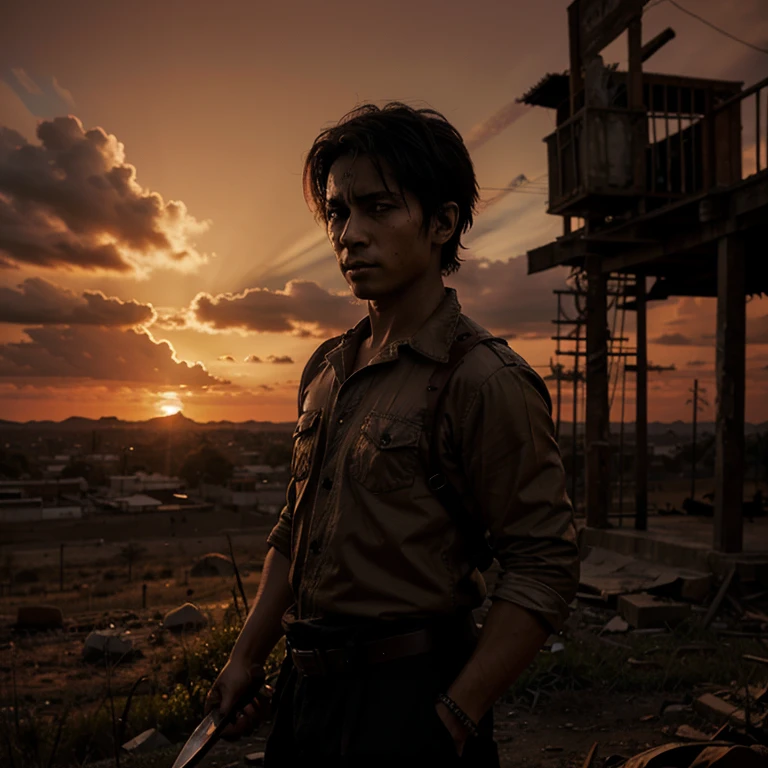Chico de anime triste, manchado de sangre con tunica negra teniendo un cuchillo en su mano, in an apocalyptic sunset
