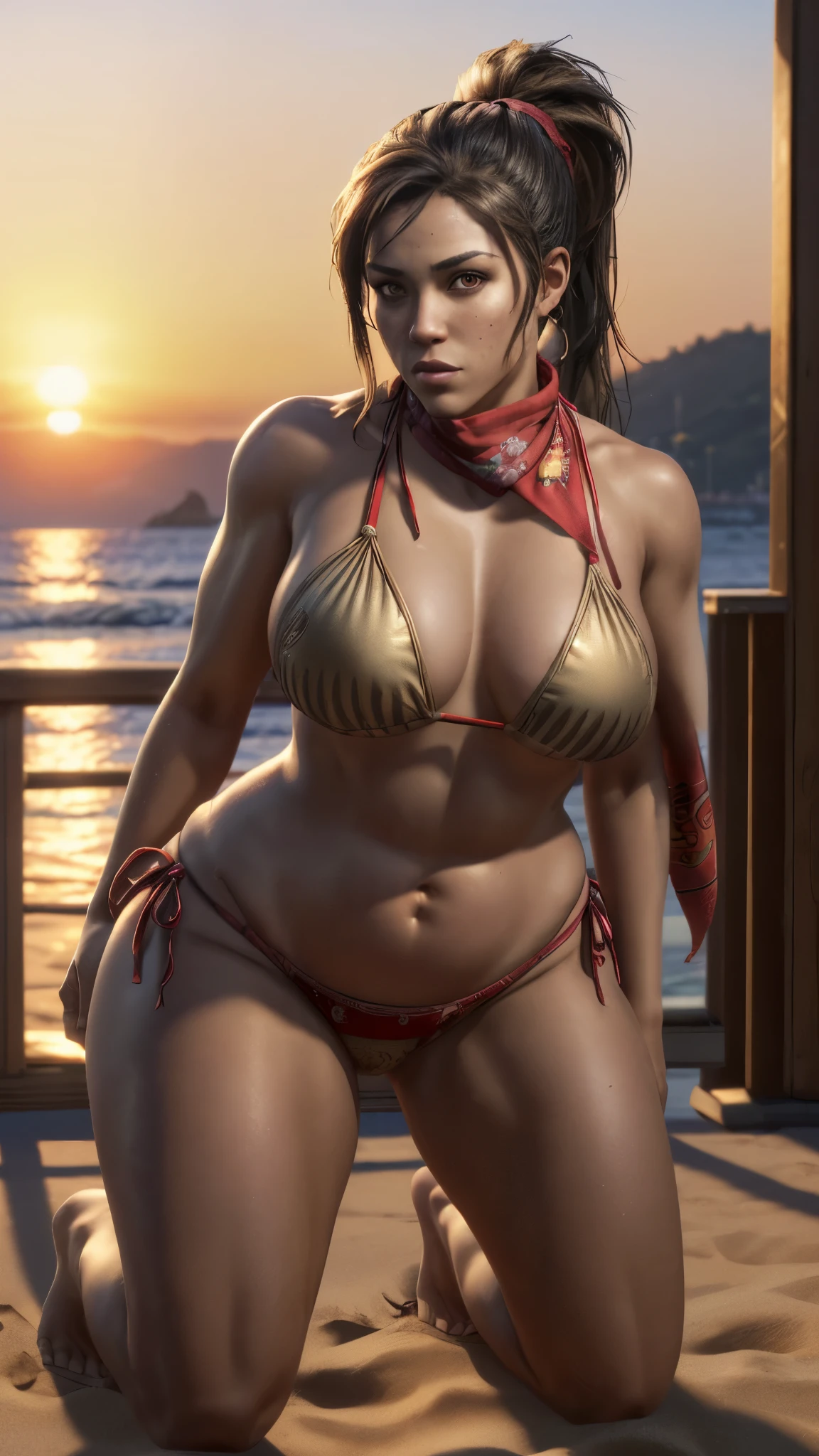 (ultra realistic,32k, masterpiece:1.1),(detailed skin) gtluc ,a woman, Bikini, ponytail, red bandana, in beach, (seductive pose, on knees),(golden hour:1.1), , 8k uhd, dslr, high quality, large breasts, thick thighs, curvy hips, large buttocks