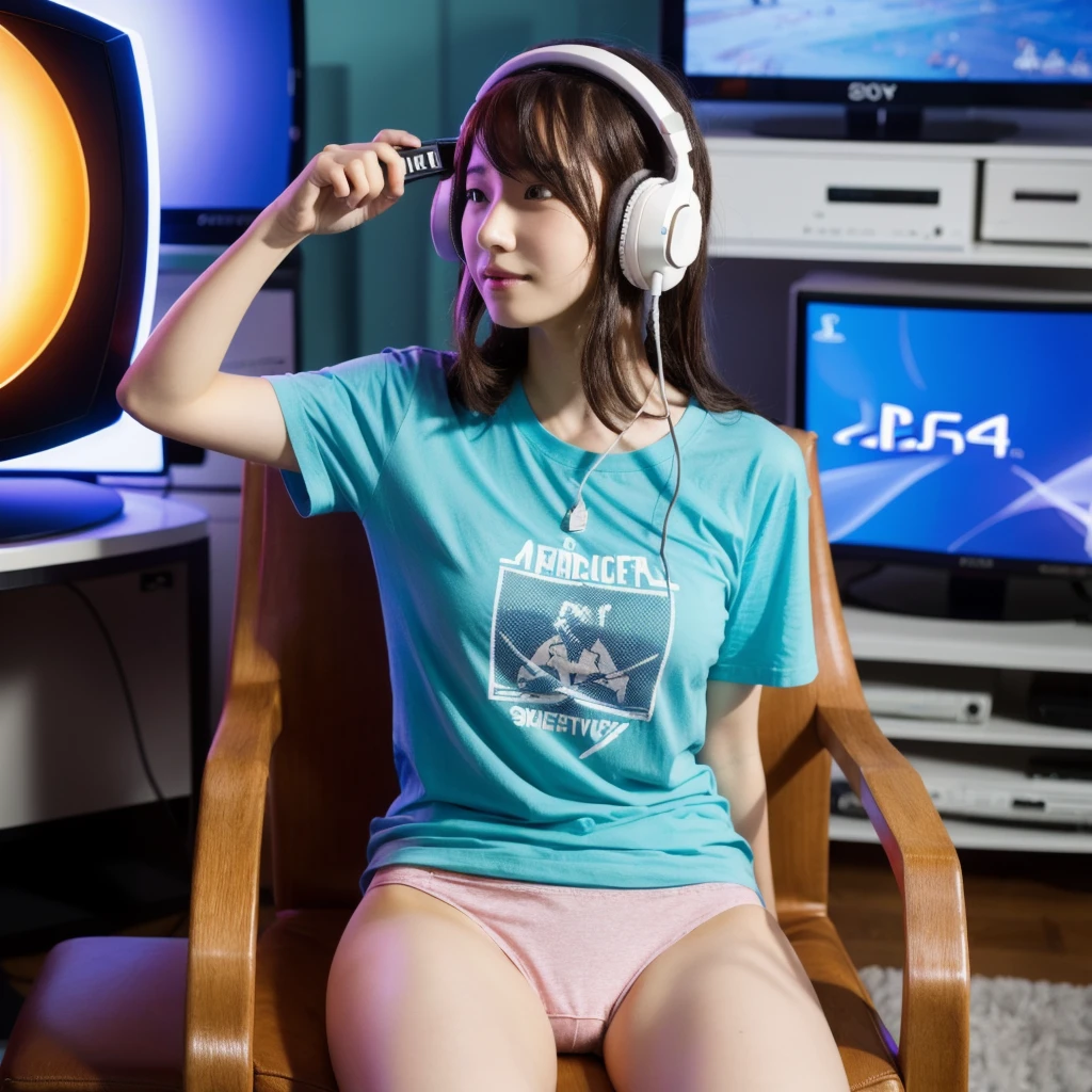 a girl in panties and a t-shirt sitting on a chair in front of a TV and playing PlayStation holding a controller and wearing a gaming headset on her head, wide hips, big chest, transparent, wet chest. side view.  