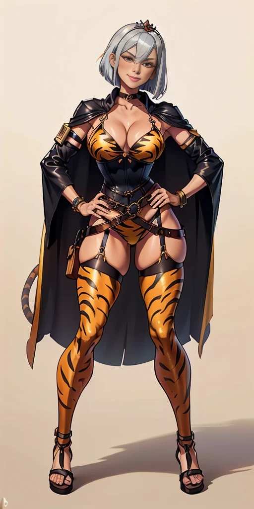 ((Masterpiece, plain background,1:2, masterpiece)) full body standing with two long yellow tiger print stockings, toned thighs,cleavage, separate yellow tiger print stockings thighs and sleeves, tiara royal, long cape up to two feet, yellow tiger bikini print, hands on waist, navel, lustful smirking smiling, smile face (red blushed, red cheeks) metal shoulders, armbands, black leather choker slave collar, full body standing with two long thighs and two metal sandals, red eyes, silver white hair, short bob hair, big knockers, cleavage, separate sleeves, tiara royal, long cape up to two feet, leather corset, yellow bikini, hands on hips, metal shoulders, armbands, black leather choker collar, shackles bracelets, slave red crest, pauldrons, loincloth standing, hands on hips, metal sandals, big belt, view from below, feet together, bracers, tiara, standing contrapposto straight symmetrical looking to viewer