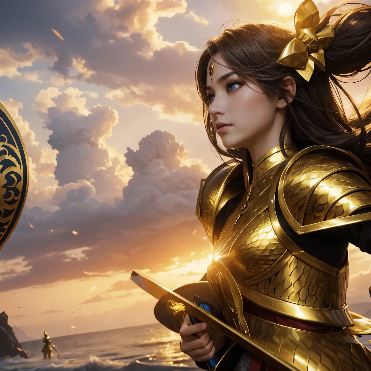 Goddess with bow in hand defending a group of humans being attacked resplendent golden armor and dragon scales incomparable beauty clear eyes joyful face