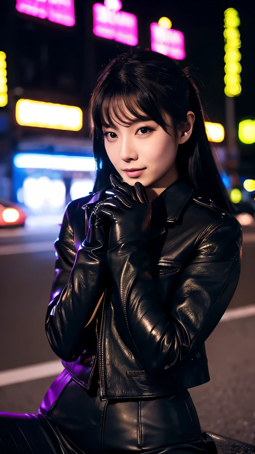 black leather rider jacket, Office in the Dark, Black leather gloved fingertips on both hands,Wearing black leather gloves,Sitting in a black leather chair、 Japanese female new recruits (Black leather gloves cover both hands) (The angle is horizontal)、Black Leather Pants,Black Leather Black Leather Pants,Black Leather Skinny Pants、Long black leather boots on both feet、Black hair ponytail ((He wears black leather gloves on his hands))Full Body Photo,full body shot full body full body leather suit,☺If you turn in this direction。Wearing black leather gloves,Wearing black leather gloves,Wearing black leather gloves,Wearing black leather gloves,Wearing black leather gloves,Wearing black leather gloves,黒のレザーパンツが美しい😍黒のレザーパンツが美しい😍黒のレザーパンツが美しい,😍Smiling while looking at me,City lights、((Neon Cyberpunk City Street:1.3))、(Neon Light)、Detailed lighting、
Best image quality、Ultra-high resolution、(realism:1.4)、Korean Beauty Star、The most beautiful KPOP stars、face、Horny Korean Makeup、A body that makes you want to touch it、Realistic leather texture、Costume made of smooth leather fabric、The drape of the curved parts of the leather fabric、The costume is very shiny、Quality of the costume、8K Photo Quality