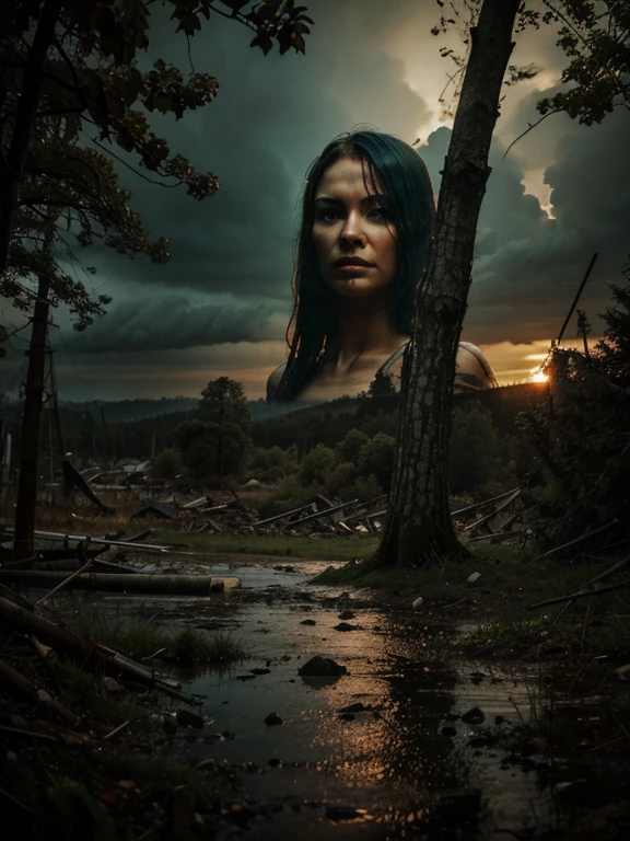Apocalyptic landscape with siren head hidden among the trees on a rainy sunset