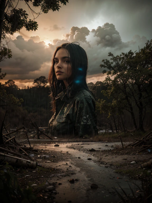 Apocalyptic landscape with siren head hidden among the trees on a rainy sunset