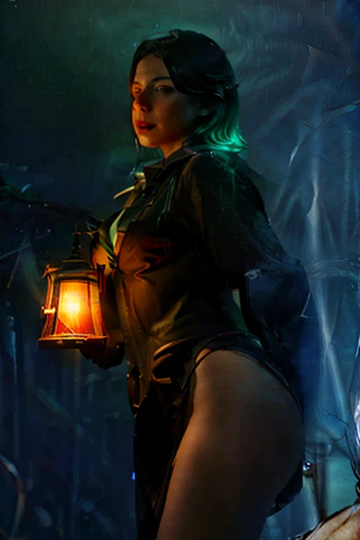 (Obra maestra:1.4, mejor calidad), (detalles intrincados), fondo de pantalla de unidad 8k, ultra detallado, (A fantasy vampire girl), illustration, cuerpo completo, Ethereal figure, Temas de otro mundo, (estilo de jeremy mann:1.3), a woman sosteniendo una linterna in her hand at night, chica bajo la linterna, sosteniendo una linterna, Hold a night lamp, foto tomada en la noche, Low-light photography, por Adam Marczyński, Emerging from your lamp, warm glow of lights, Complementary lighting, by Matija Jama, dimly lit, por Aleksander Kobzdej, green hair, flattop, multiple views, blurry foreground, fisheye, dutch angle, vanishing point, from below, atmospheric perspective, panorama, perspective, overexposure, foreshortening, 360 view, Wide-Angle, f/1.8, 35mm, Nikon