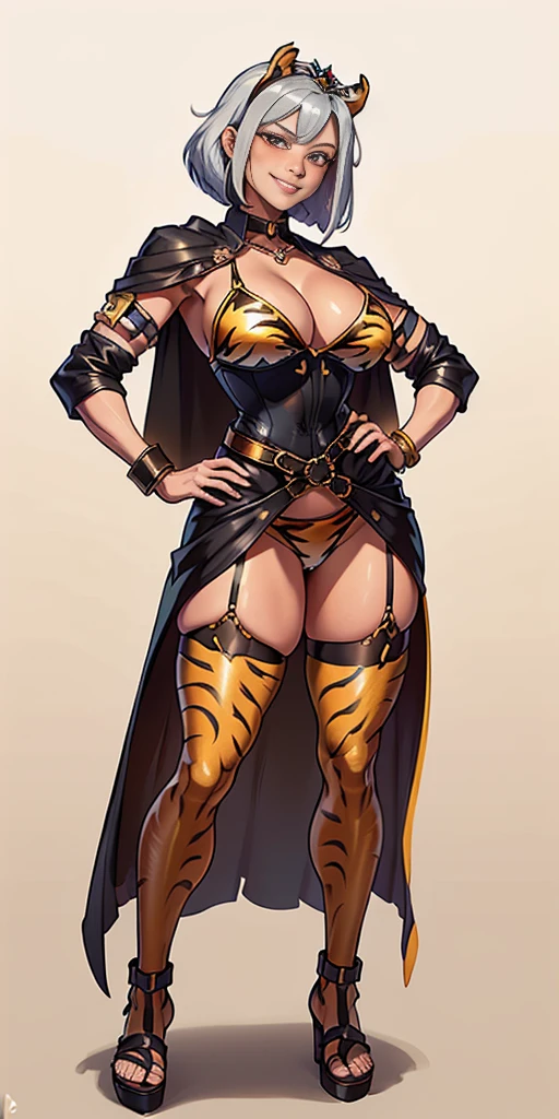 ((Masterpiece, plain background,1:2, masterpiece)) full body standing with two long yellow tiger print stockings, toned thighs,cleavage, separate yellow tiger print stockings thighs and sleeves, tiara royal, long cape up to two feet, yellow tiger bikini print, hands on waist, navel, lustful smirking smiling, smile face (red blushed, red cheeks) metal shoulders, armbands, black leather choker slave collar, full body standing with two long thighs and two metal sandals, red eyes, silver white hair, short bob hair, big knockers, cleavage, separate sleeves, tiara royal, long cape up to two feet, leather corset, yellow bikini, hands on hips, metal shoulders, armbands, black leather choker collar, shackles bracelets, slave red crest, pauldrons, loincloth standing, hands on hips, metal sandals, big belt, view from below, feet together, bracers, tiara, standing contrapposto straight symmetrical looking to viewer