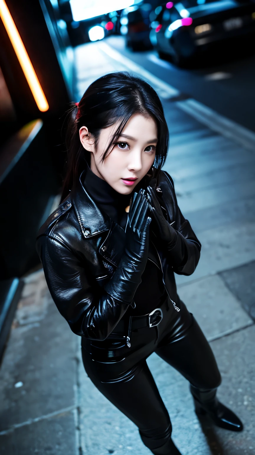black leather rider jacket, Office in the Dark, Black leather gloved fingertips on both hands,Wearing black leather gloves,Sitting in a black leather chair、 Japanese female new recruits (Black leather gloves cover both hands) (The angle is horizontal)、Black Leather Pants,Black Leather Black Leather Pants,Black Leather Skinny Pants、Long black leather boots on both feet、Black hair ponytail ((He wears black leather gloves on his hands))Full Body Photo,full body shot full body full body leather suit,☺If you turn in this direction。Wearing black leather gloves,Wearing black leather gloves,Wearing black leather gloves,Wearing black leather gloves,Wearing black leather gloves,Wearing black leather gloves,黒のレザーパンツが美しい😍黒のレザーパンツが美しい😍黒のレザーパンツが美しい,😍Smiling while looking at me,City lights、((Neon Cyberpunk City Street:1.3))、(Neon Light)、Detailed lighting、
Best image quality、Ultra-high resolution、(realism:1.4)、Korean Beauty Star、The most beautiful KPOP stars、face、Horny Korean Makeup、A body that makes you want to touch it、Realistic leather texture、Costume made of smooth leather fabric、The drape of the curved parts of the leather fabric、The costume is very shiny、Quality of the costume、8K Photo Quality