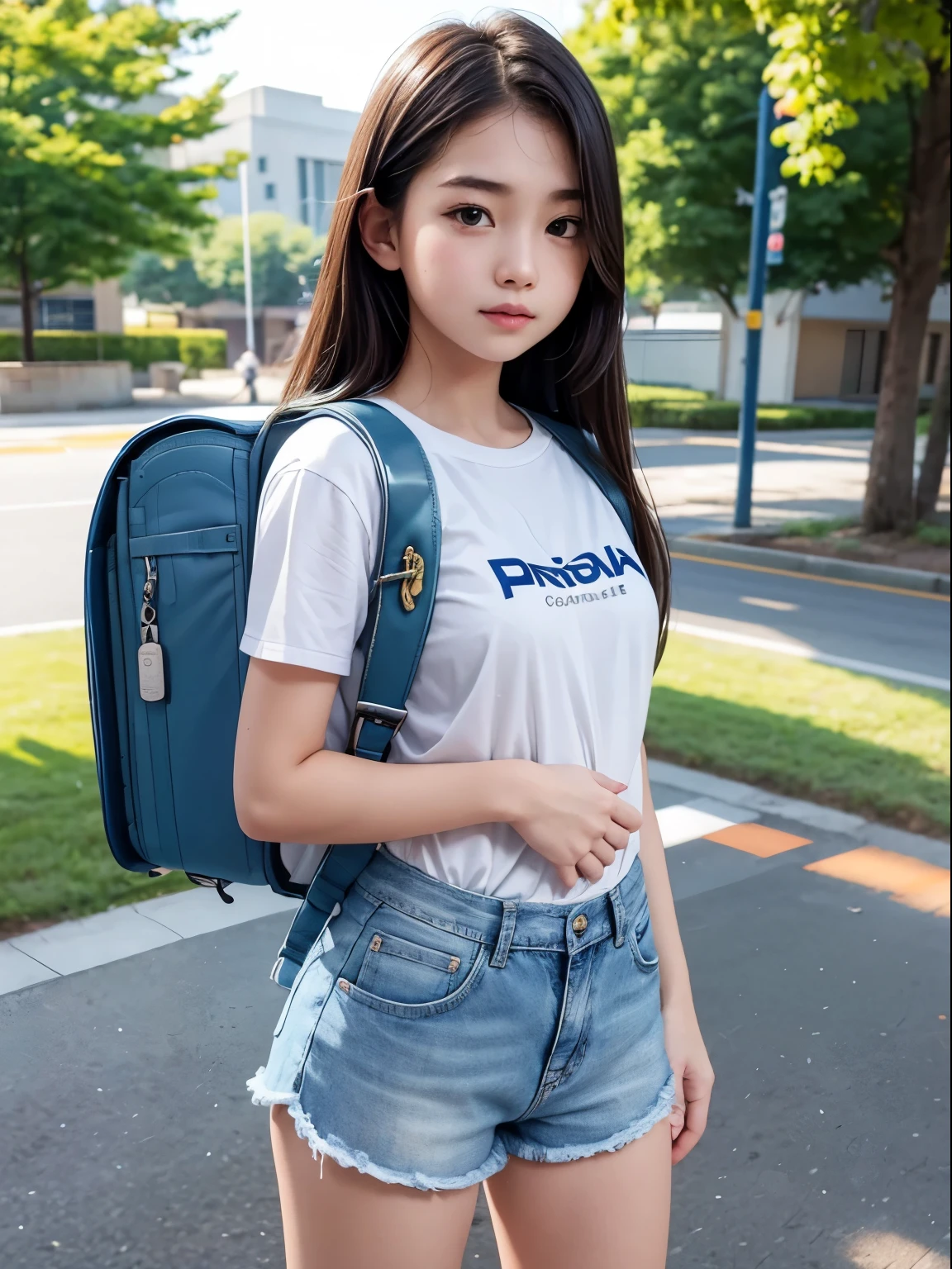 Masterpiece, realistic, hd, 1 girl, high school girl,  y.o, wear white shirt, short sleeves, wear denim minipants, wear sneakers, standing, fullbody, wearing  school backpack, (school backpack:1.2), daytime, sunlight, park