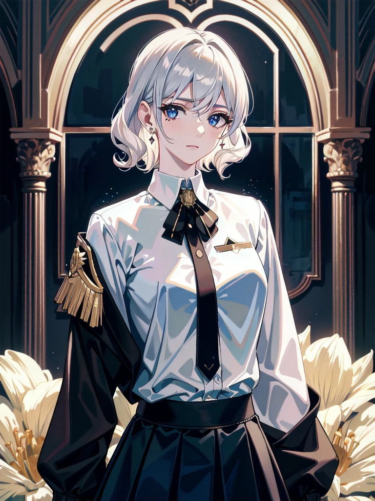 absurdres, RAW photo, extremely delicate and beautiful, masterpiece, Best Quality, ultra high resolution, 32k, hyperrealistic, ultra-detailed, detailed description, pale skin, 20 years old, tearful mole, earring, Colossal tits, short medium hair, wavy hair, pleated skirt, military uniform,
