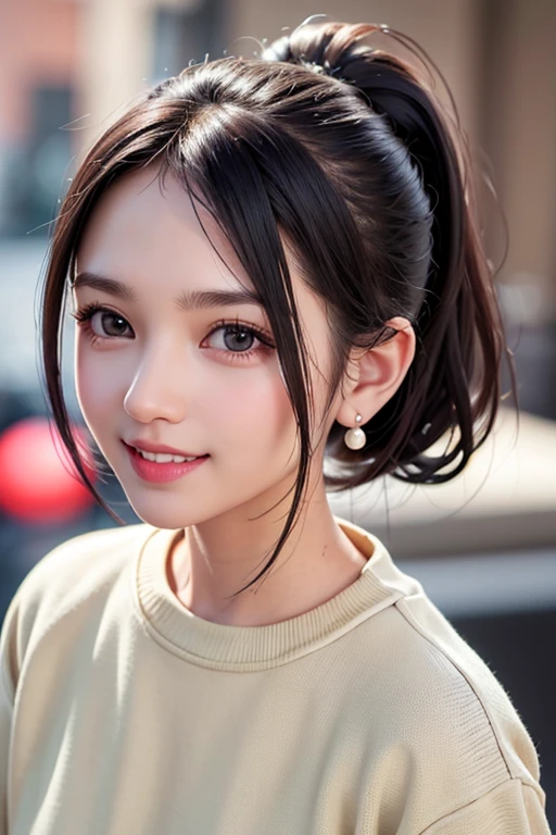 (RAW Photo, Best Quality), (Realistic, Photo Realistic: 1.3), Best Quality, Highly Detailed,8k RAW photo, highest quality, masterpiece, ultra high resolution, 3D, realistic,、masterpiece, highest quality, 1 girl, 、gaze towards the viewer、((portrait))、profile, ponytail, up hair, short hair、 pink lips, nose slightly pointed upwards, long eyelashes, realistic skin texture, attractive face, blurry, gray color background, Cream yellow logo sweatshirt outfit, Short black hair, Small pearl earrings, Fashion Model, smile, Front face, looking at the camera