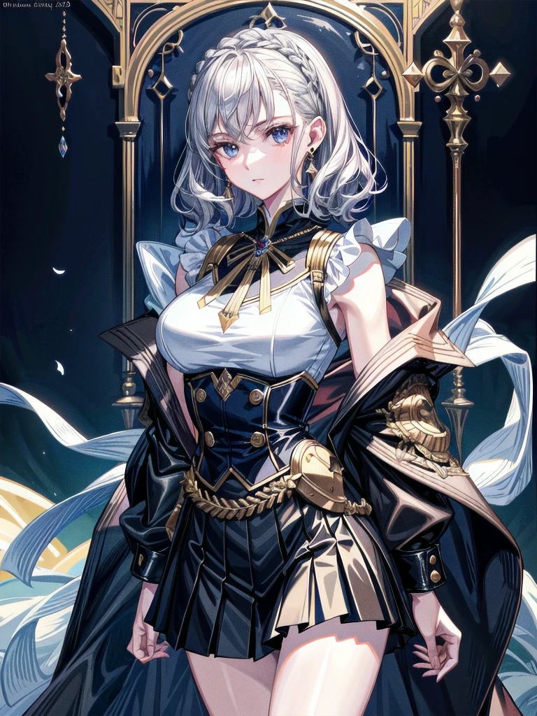 absurdres, RAW photo, extremely delicate and beautiful, masterpiece, Best Quality, ultra high resolution, 32k, hyperrealistic, ultra-detailed, detailed description, pale skin, 20 years old, tearful mole, earring, Colossal tits, short medium hair, wavy hair, pleated skirt, military uniform,