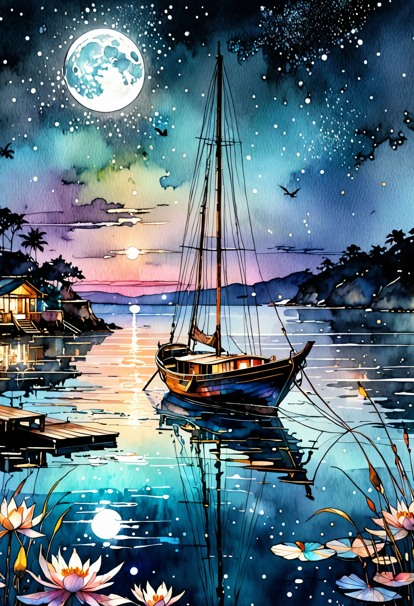 Beautiful boat on sparkling moonlit waters. Nighttime Digital watercolor Illustration of a summerscape sunset, by Waterhouse, Carne Griffiths, Minjae Lee, Ana Paula Hoppe, Stylized watercolor art, Intricate, Complex contrast, HDR, Sharp, soft Cinematic Volumetric lighting, flowery pastel colours, wide long shot, perfect masterpiece"