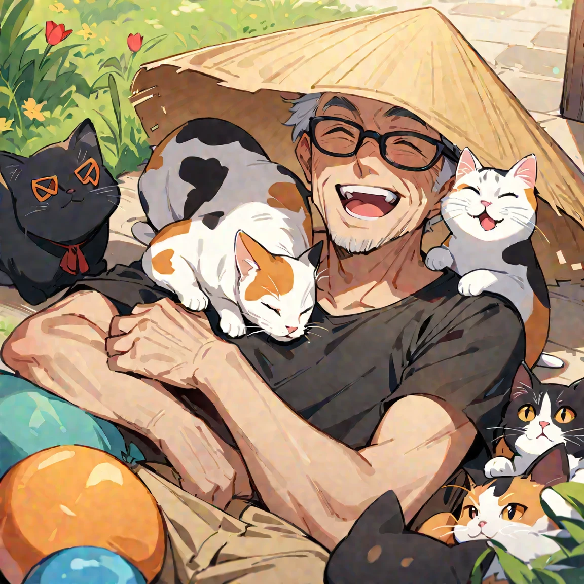 (highest quality,Very detailed,High resolution,masterpiece:1.2),Elderly man sleeping next to a cat,Elderly man wearing a tulip hat, Wearing black tabby glasses, The man is very happy and excited,Playful cats relaxing on the ground,Beautiful white cat,Mischievous black cat,Cute calico cat,Adorable tabby cat,Hall々Calico cat,Man disturbing cat&#39;s nap,A man playfully poking and prodding a cat&#39;s body,Man laughing while petting a cat,The man was filled with joy,A face beaming with joy,Drooling with anticipation,A vivid scene of a man interacting with many cats