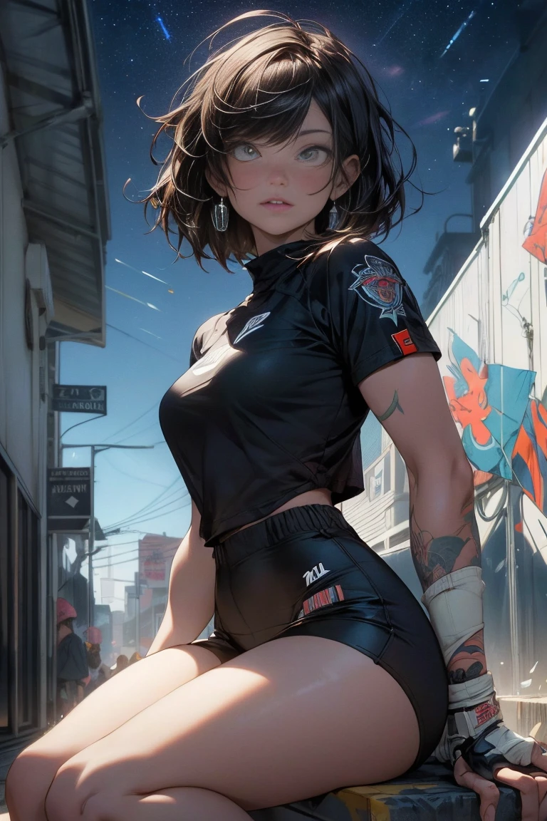 CG K ultrarrealista ,((de primera calidad、8k、32K、Obra maestra、nffsw:1.3)), (superfine illustration)、(super high resolution), (((cuerpo adulto))), (((1 chica en))), ((( bob de pelo corto ))), 25 year old cyberpunk gladiator with perfect body, Hombreras con espinas de metal., Gladiadores in Brooklyn, (( bob de pelo corto )), Camiseta del equipo de rugby rota, Casi desnudo al estilo urbano salvaje de Simon Bisley, pelo rubio corto, ropa minima, Metallic protection on the left arm with complex graphics..., Rojo oscuro con estrellas blancas y rayas azules y blancas., armadura, Lleno de puntas y remaches., Tatuaje de veneno (((Imagen desde la rodilla hacia arriba))), pelo rubio blanco corto, En el fondo、 There is a wall with an intricate design painted by Shepard Fairey...