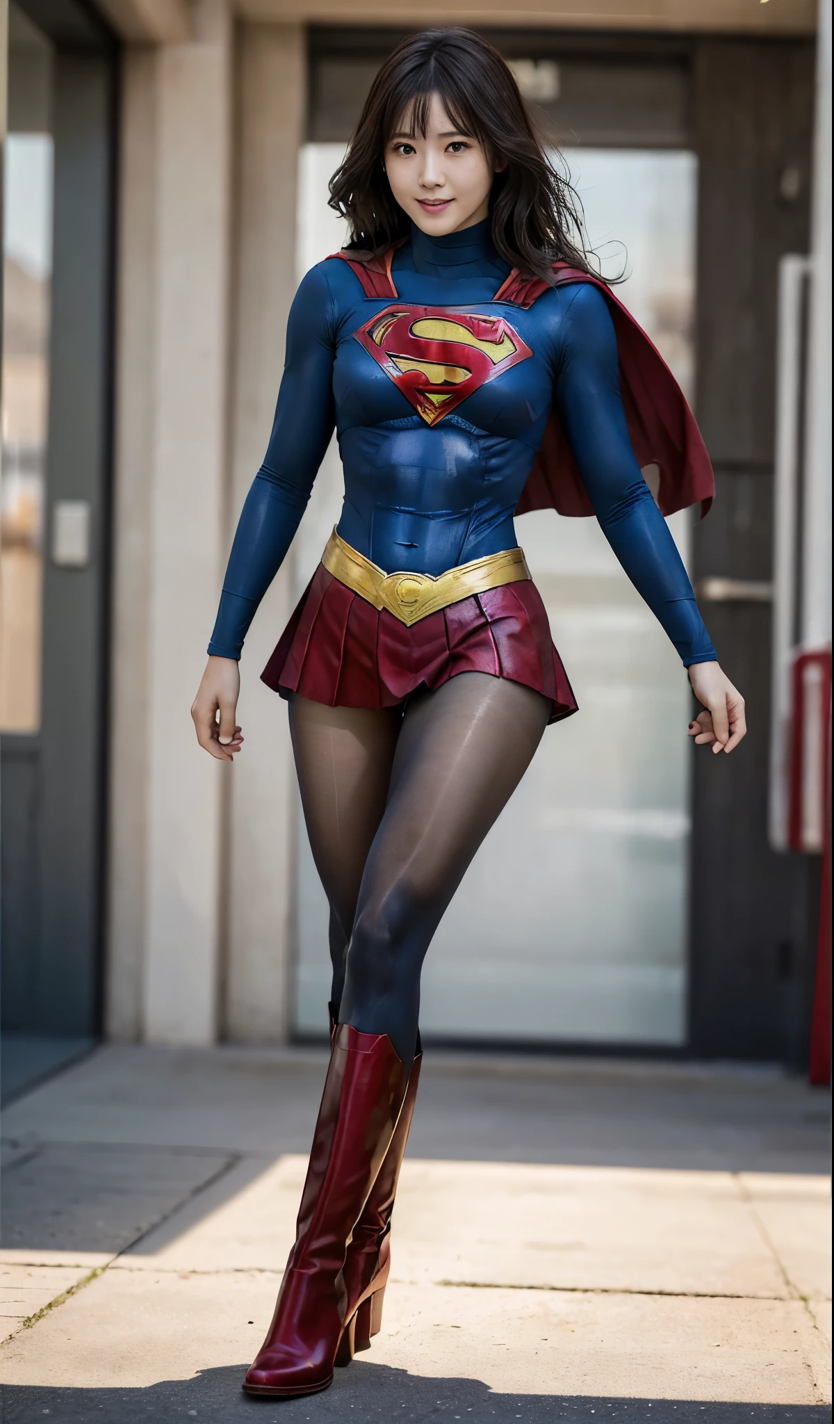 No background、(((Beautiful legs in black tights.)))、(((Legally express the beauty of your smile)))、((((Make the most of your original images)))、(((Supergirl Costume)))、(((Beautiful Hair)))、(((suffering)))、(((Please wear black tights....、Wear red boots)))、((Best image quality、8k))、((highest quality、8k、masterpiece:1.3))、(((Preserve background )))、Sharp focus:1.2、Beautiful woman with perfect figure:1.4、Slim Abs:1.2、Wet body:1.5、Highly detailed face and skin texture、8k