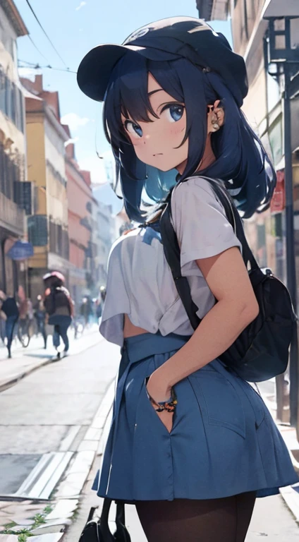 (melhor qualidade, obra de arte), 1 garota, capuz, Cabelo comprido azul claro, Rua, agachado, olhando para o espectador, gorro, saia, inventar, piercing, pantyhose,