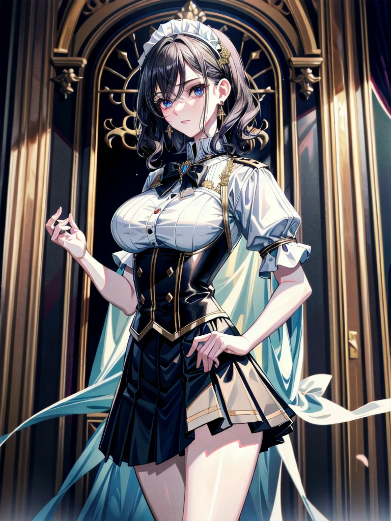 whole body, bloody huge axe, sickly, black dress, face veil, boots, mansion, hall, absurdres, RAW photo, extremely delicate and beautiful, masterpiece, Best Quality, ultra high resolution, 32k, hyperrealistic, ultra-detailed description, pale skin, 20 years old, detailed beautiful face and eyes, tearful mole, earring, Colossal tits, short medium wavy hair,