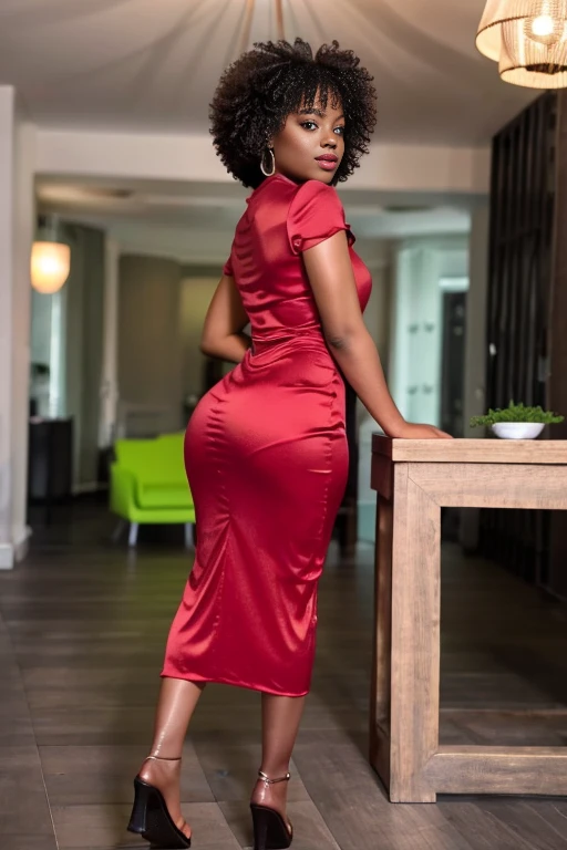 out  ,real black woman with curly afro hair and with beautiful green eyes , pink lips, teint claire,elle sourit, elle est sexy avee grosses fesses ,elldebout dans un salon, Elle a 30 ans, she weighs 160 kilos and measures 1m72, she wears a beautiful mini classy tight red evening dress.