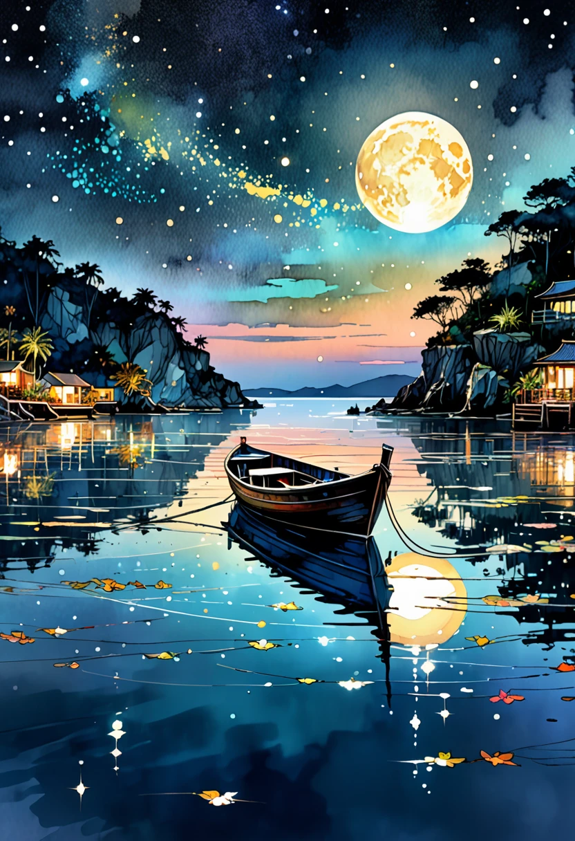Beautiful boat on sparkling moonlit waters. Nighttime Digital watercolor Illustration of a summerscape sunset, by Waterhouse, Carne Griffiths, Minjae Lee, Ana Paula Hoppe, Stylized watercolor art, Intricate, Complex contrast, HDR, Sharp, soft Cinematic Volumetric lighting, flowery pastel colours, wide long shot, perfect masterpiece