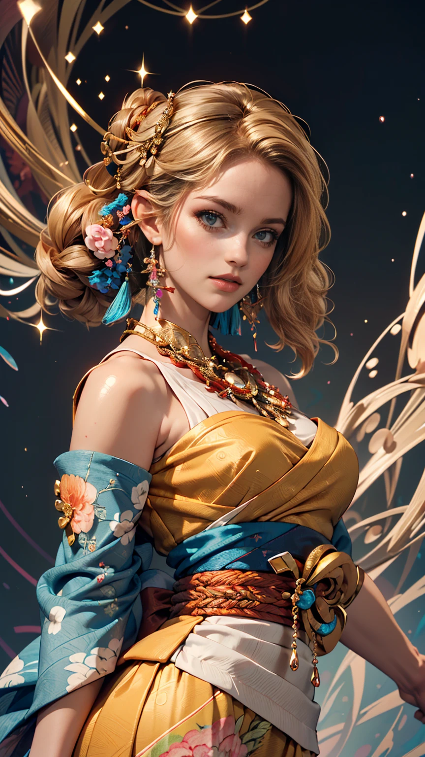 (masterpiece, highest quality, highest quality, Official Art, beautifully、aesthetic:1.2), (One girl:1.3), Very detailed,(Fractal Art:1.1),(colorful:1.1),Most detailed,(Tangled:1.2), (Dynamic pose), (Abstract background:1.5), (Japan Dresses:1.2), (Shiny skin), (Many colors:1.4), ,(Earrings:1.4),